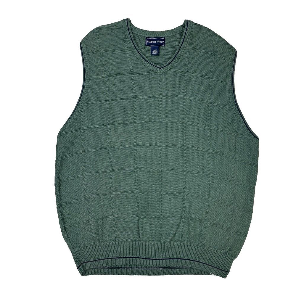 FAIRWAY SPORT Mens Navy Green Sweater Vest XL Made‎ in USA Knit